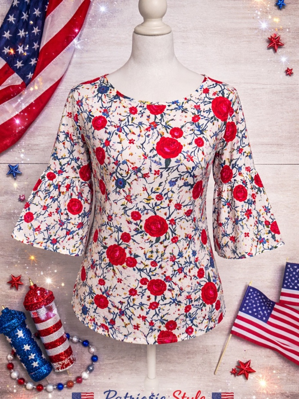 J. Crew Cream Top with Red Floral Print and Navy Accents